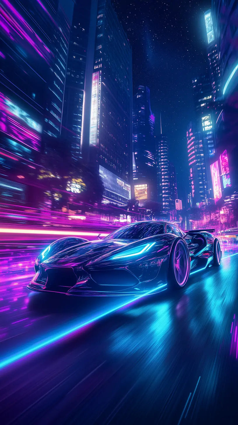 Futuristic neon-lit sports car racing through a cyberpunk city street at night. High-quality digital download for background or product printing.