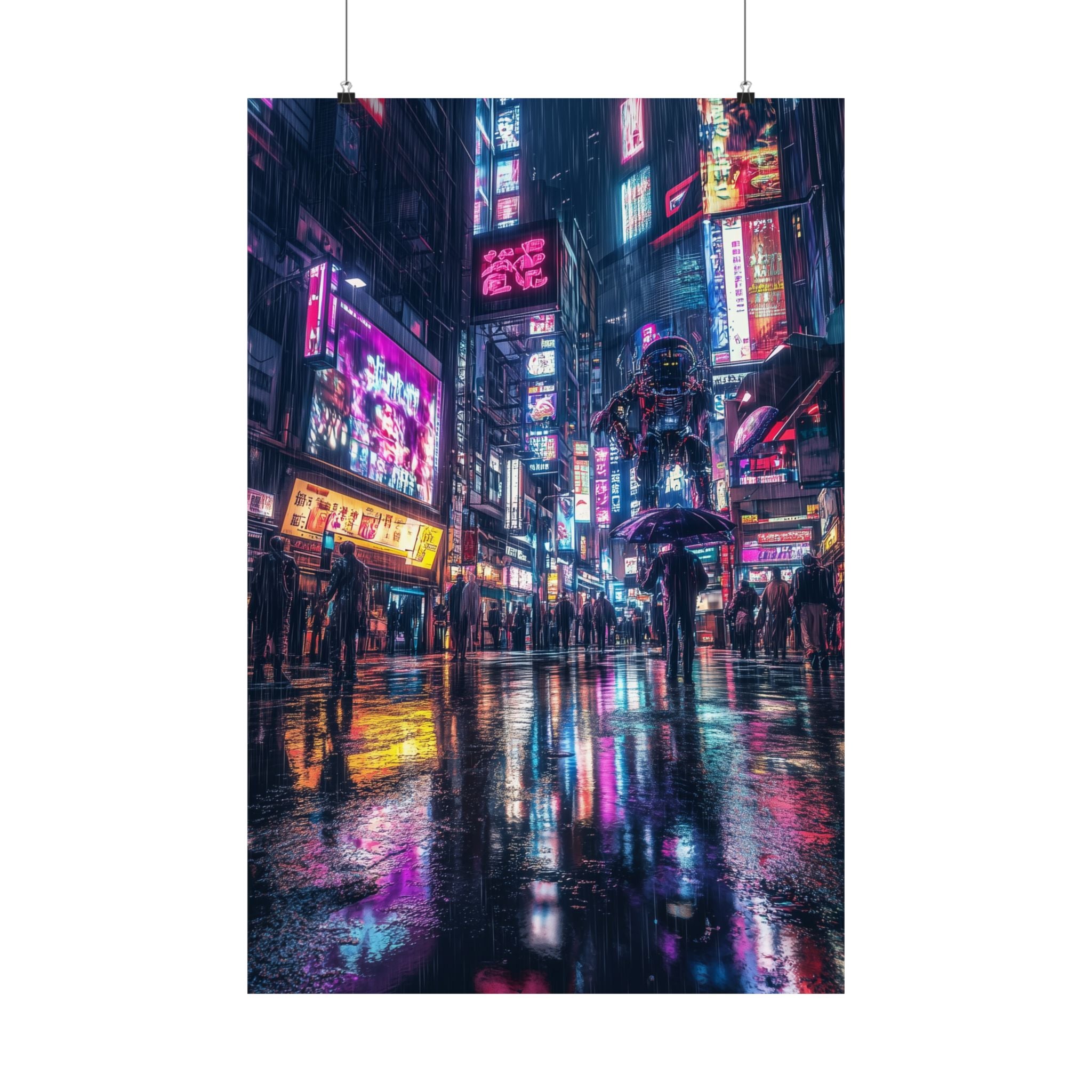 Cyberpunk-style city street at night with neon signs reflecting on wet pavement, featuring futuristic figures and a bustling crowd. Premium matte poster printed on museum-grade archival paper, perfect for sci-fi and cyberpunk decor.