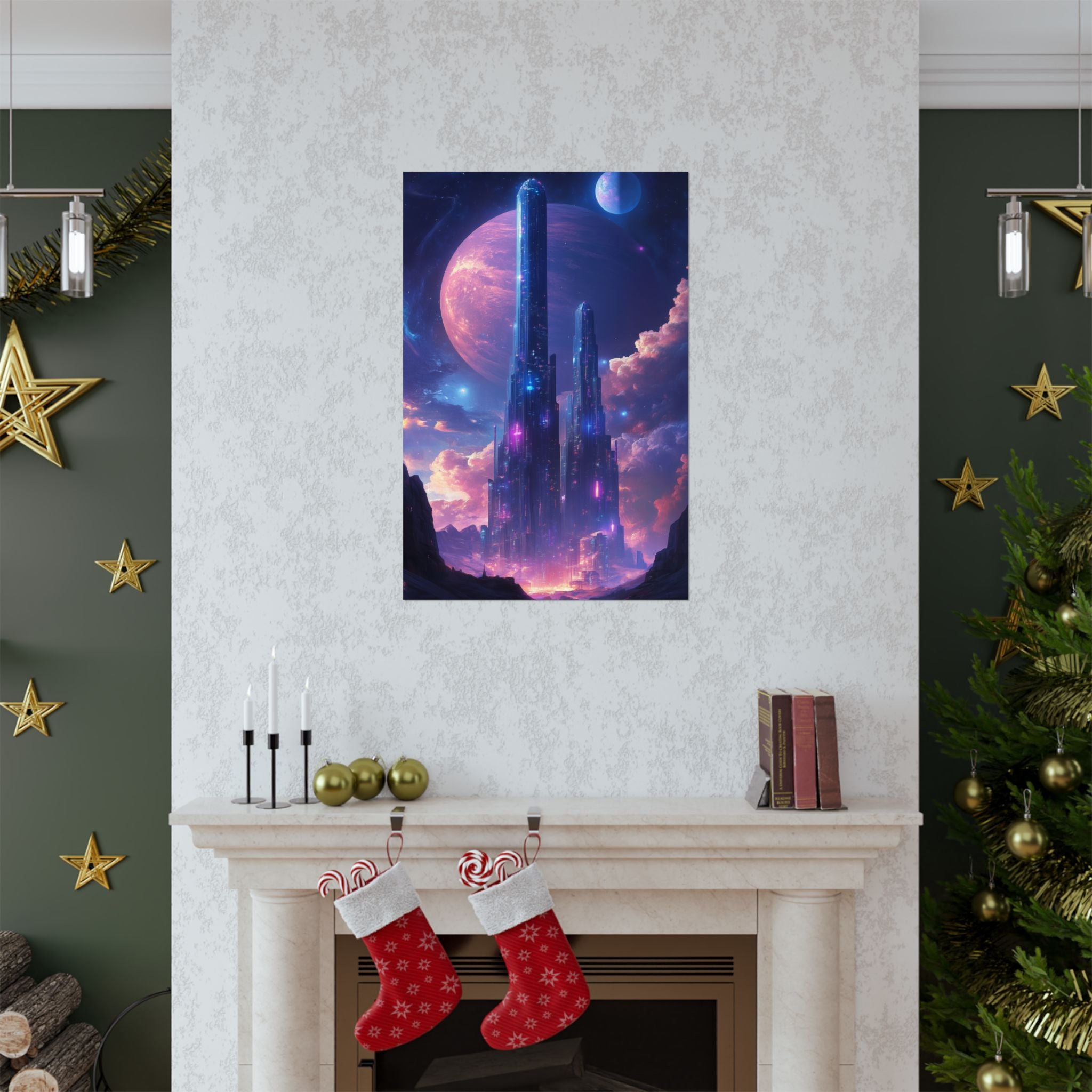 Futuristic cosmic city illuminated by colorful nebulae and towering skyscrapers under a giant glowing planet. Premium matte poster printed on museum-grade archival paper