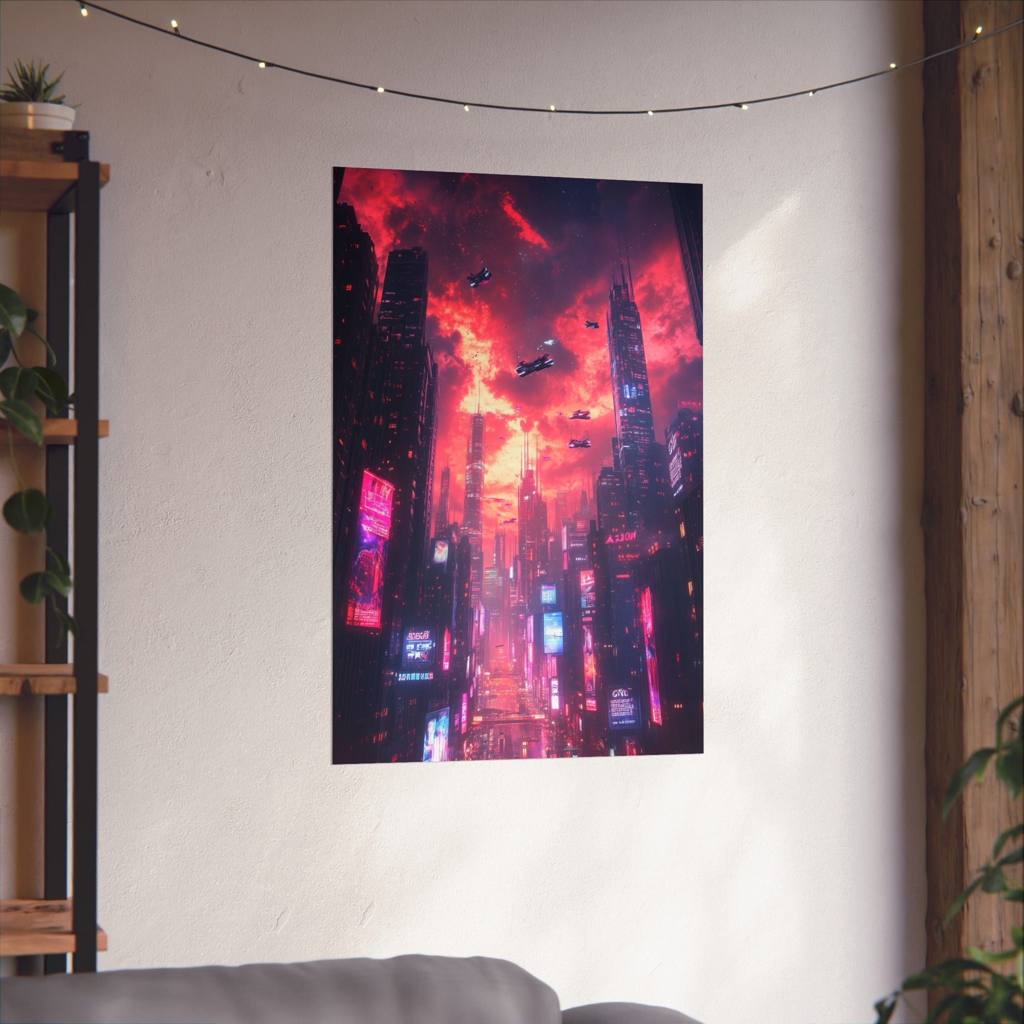 Futuristic neon cityscape with flying vehicles against a glowing red and purple sunset sky. Premium matte poster printed on museum-grade archival paper, perfect for sci-fi and cyberpunk decor.