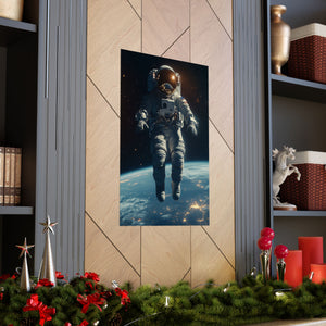 Astronaut floating in space above Earth, with stunning city lights visible below. Premium matte vertical poster featuring a cosmic scene, printed on museum-grade archival paper.