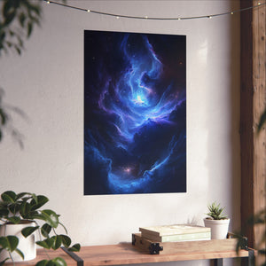 wirling blue nebula with glowing cosmic light at its center. Premium matte poster printed on museum-grade archival paper, perfect for modern sci-fi decor.