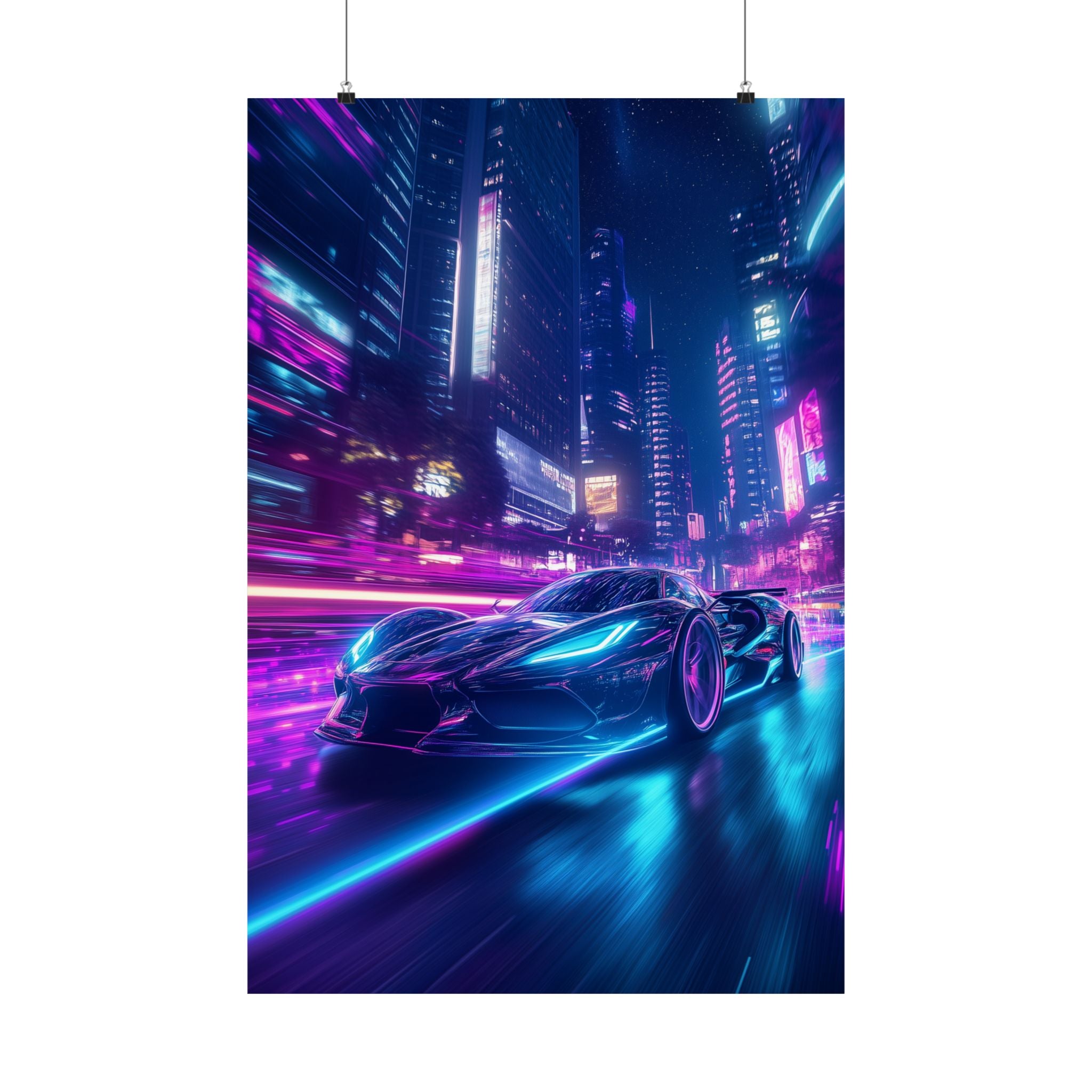 High-speed futuristic sports car racing through a neon-lit cyberpunk city at night. Premium matte poster for modern and sci-fi decor."