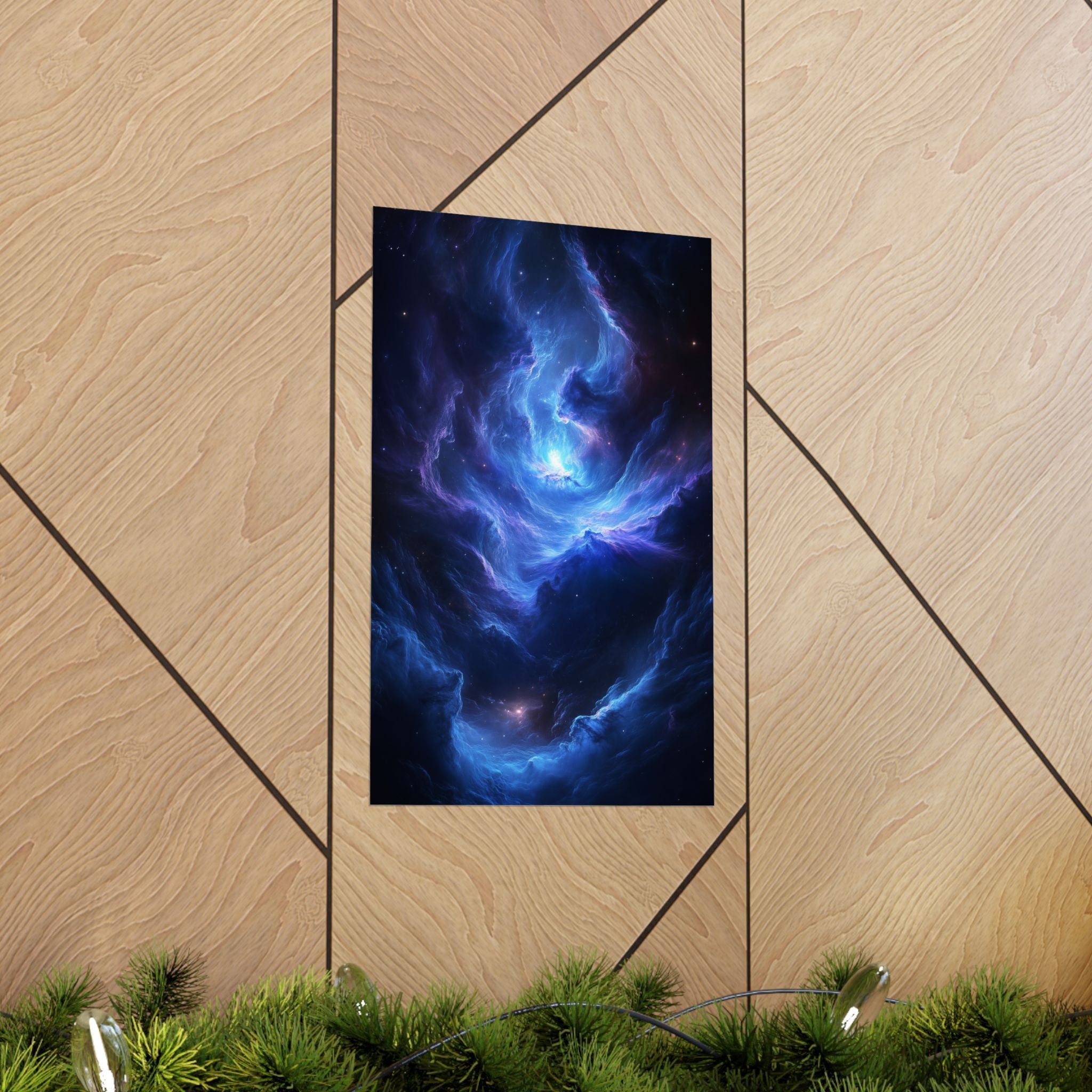 wirling blue nebula with glowing cosmic light at its center. Premium matte poster printed on museum-grade archival paper, perfect for modern sci-fi decor.