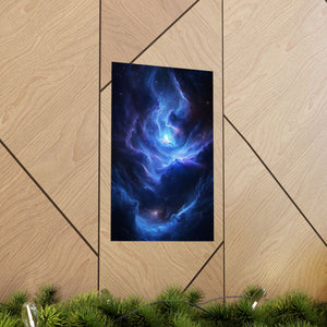 wirling blue nebula with glowing cosmic light at its center. Premium matte poster printed on museum-grade archival paper, perfect for modern sci-fi decor.