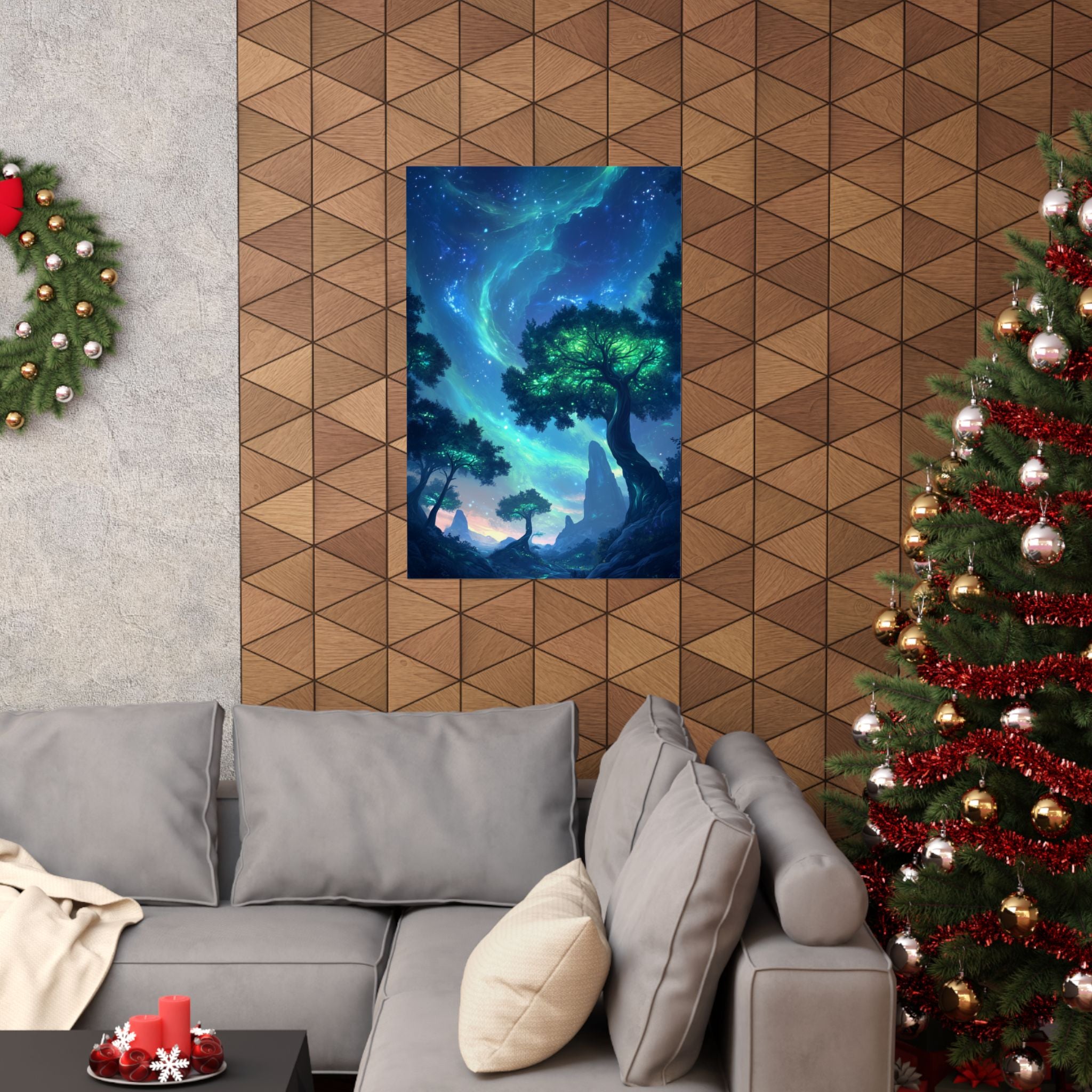 Mystic Skies galaxy-inspired premium matte poster featuring a glowing cosmic landscape, printed on museum-grade archival paper for vibrant color and stunning home decor.