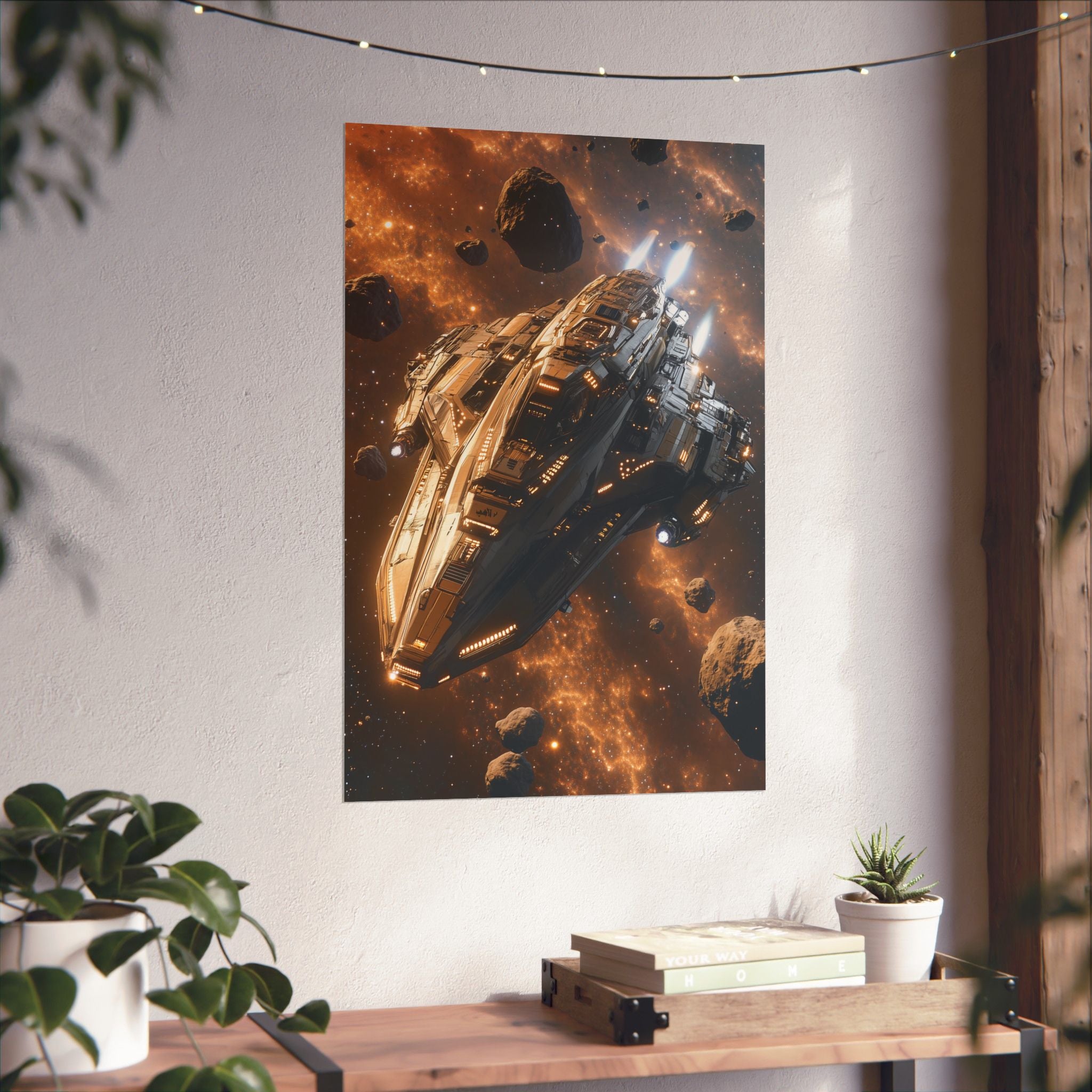 Futuristic starship navigating through an asteroid field with glowing celestial nebula in the background. Premium matte vertical poster printed on museum-grade archival paper.