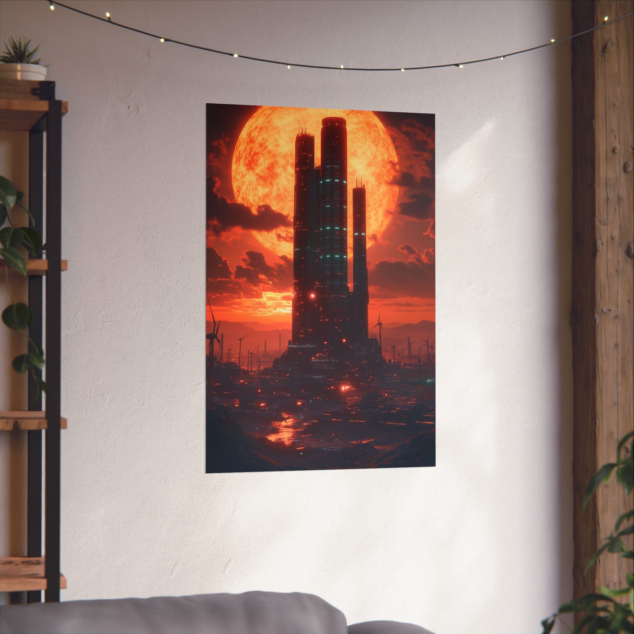 Futuristic city with towering skyscrapers against a massive glowing sun at dusk. Premium matte poster printed on museum-grade archival paper, perfect for sci-fi decor.