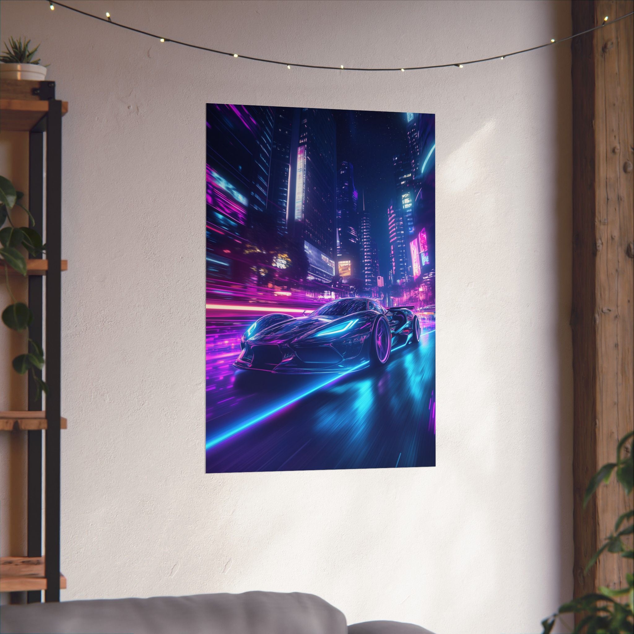 High-speed futuristic sports car racing through a neon-lit cyberpunk city at night. Premium matte poster for modern and sci-fi decor."