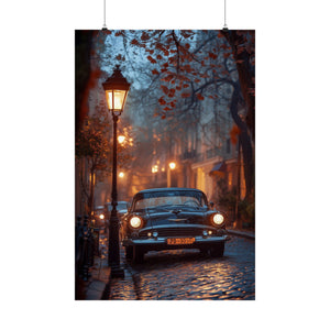 Vintage car parked on cobblestone street under autumn lanterns | Retro vibes classic car photo