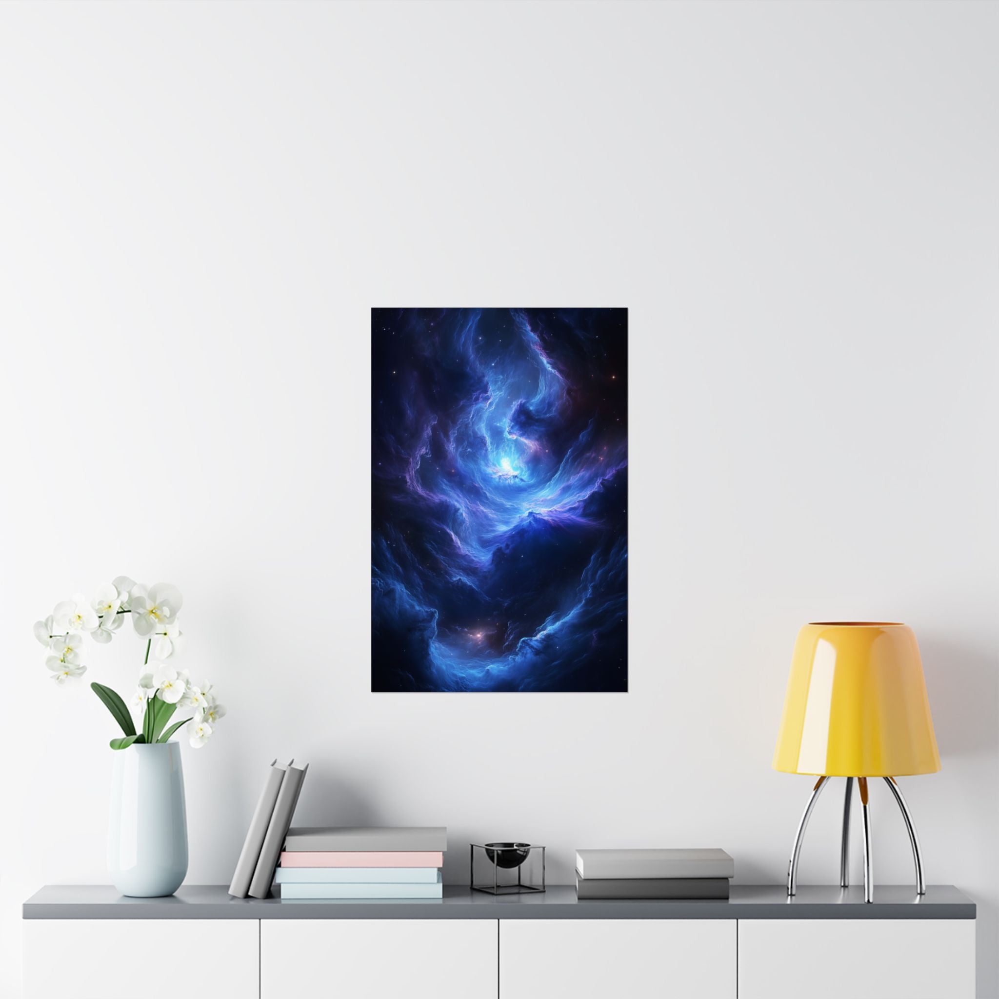 wirling blue nebula with glowing cosmic light at its center. Premium matte poster printed on museum-grade archival paper, perfect for modern sci-fi decor.