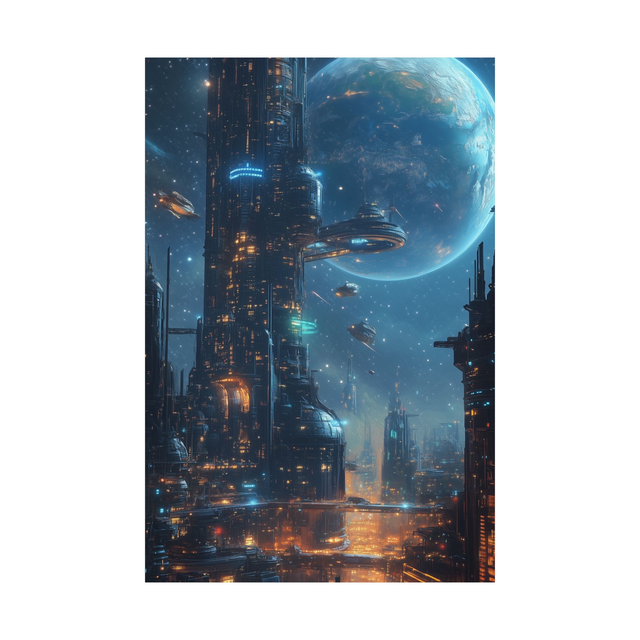 Futuristic neon cityscape with flying vehicles against a glowing red and purple sunset sky. Premium matte poster printed on museum-grade archival paper, perfect for sci-fi and cyberpunk decor.