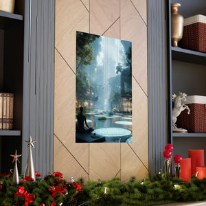 Futuristic serene landscape with a meditating figure, surrounded by lush greenery, floating platforms, and soft glowing light. Premium matte poster printed on museum-grade archival paper, perfect for modern and zen-inspired decor.