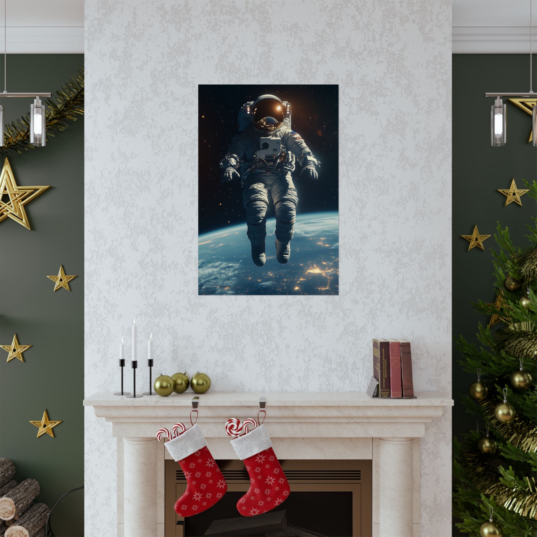 Astronaut floating in space above Earth, with stunning city lights visible below. Premium matte vertical poster featuring a cosmic scene, printed on museum-grade archival paper.