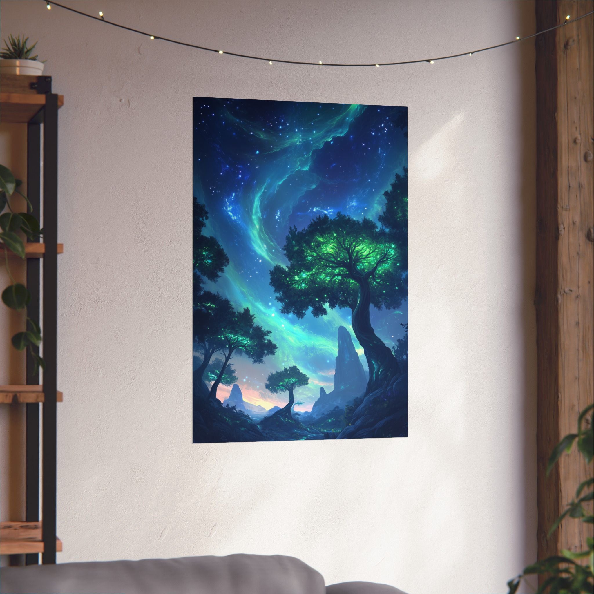 Mystic Skies galaxy-inspired premium matte poster featuring a glowing cosmic landscape, printed on museum-grade archival paper for vibrant color and stunning home decor.