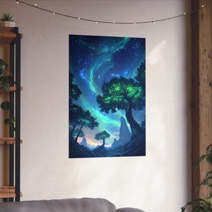 Mystic Skies galaxy-inspired premium matte poster featuring a glowing cosmic landscape, printed on museum-grade archival paper for vibrant color and stunning home decor.