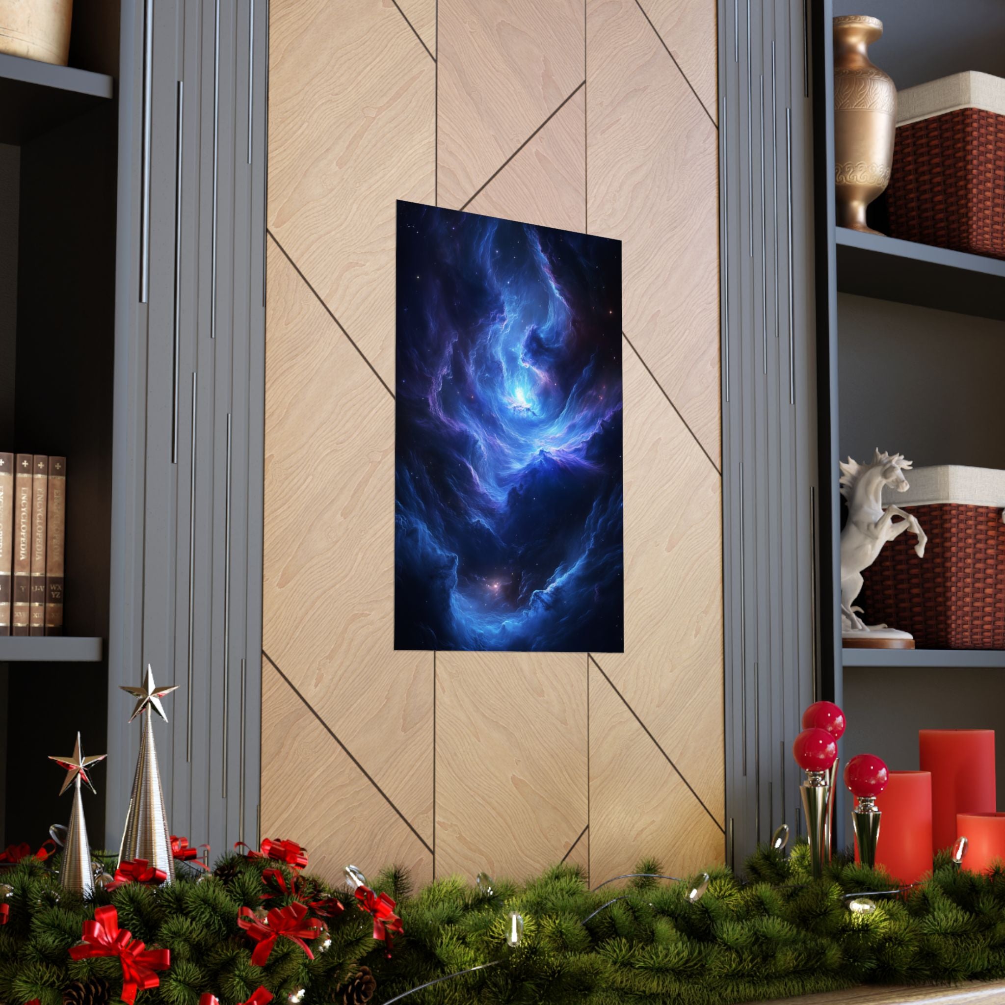 wirling blue nebula with glowing cosmic light at its center. Premium matte poster printed on museum-grade archival paper, perfect for modern sci-fi decor.