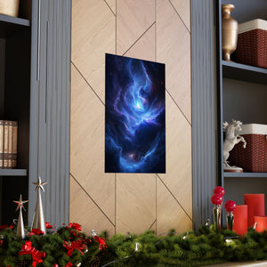 wirling blue nebula with glowing cosmic light at its center. Premium matte poster printed on museum-grade archival paper, perfect for modern sci-fi decor.