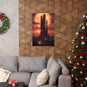 Futuristic city with towering skyscrapers against a massive glowing sun at dusk. Premium matte poster printed on museum-grade archival paper, perfect for sci-fi decor.