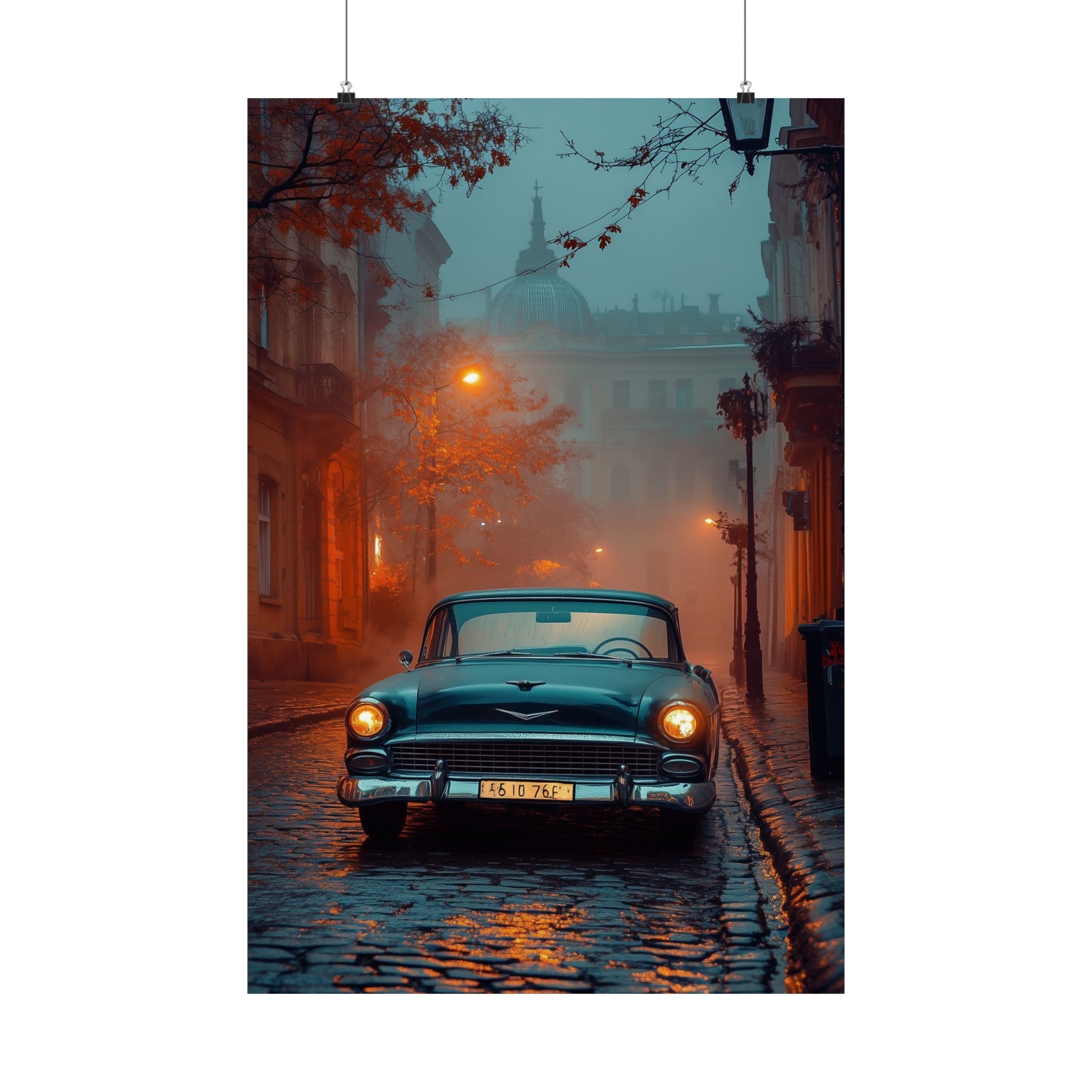 Vintage car parked on a cobblestone street at dawn with warm street lamps illuminating a misty background.