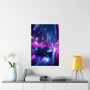 Futuristic neon sports car speeding through a glowing cityscape at night, perfect for modern digital art prints and sci-fi enthusiasts.