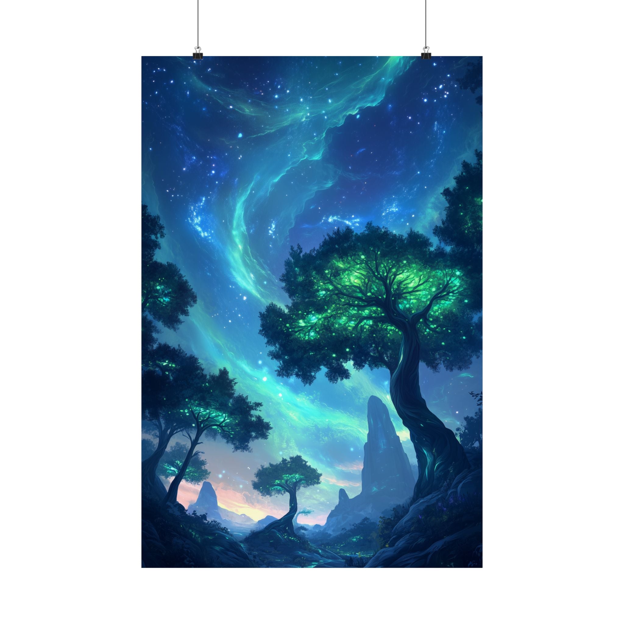 Mystic Skies galaxy-inspired premium matte poster featuring a glowing cosmic landscape, printed on museum-grade archival paper for vibrant color and stunning home decor.