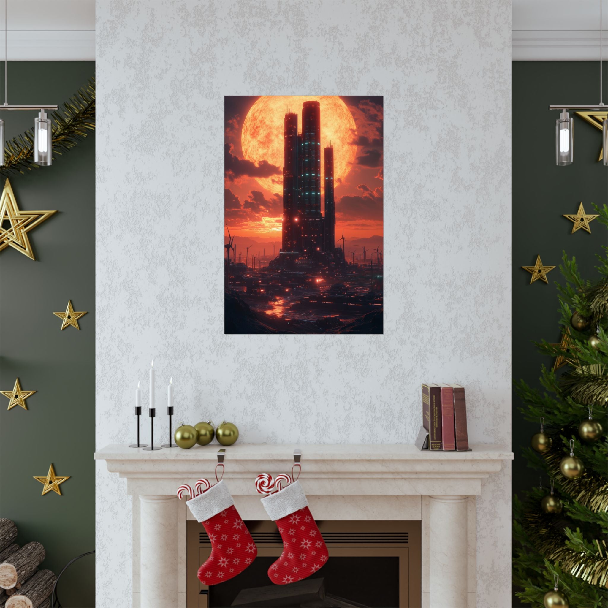 Futuristic city with towering skyscrapers against a massive glowing sun at dusk. Premium matte poster printed on museum-grade archival paper, perfect for sci-fi decor.