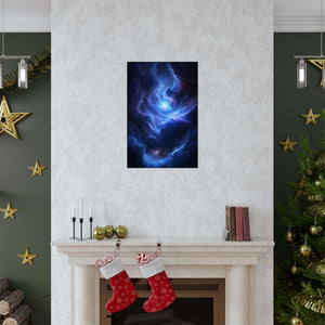 wirling blue nebula with glowing cosmic light at its center. Premium matte poster printed on museum-grade archival paper, perfect for modern sci-fi decor.