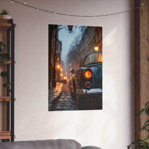 Classic convertible car on a rainy cobblestone street at dusk with vintage street lamps illuminating the scene