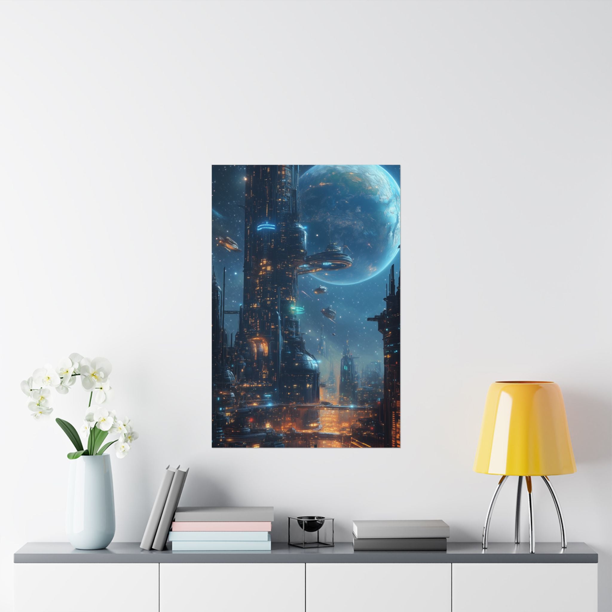 Futuristic neon cityscape with flying vehicles against a glowing red and purple sunset sky. Premium matte poster printed on museum-grade archival paper, perfect for sci-fi and cyberpunk decor.