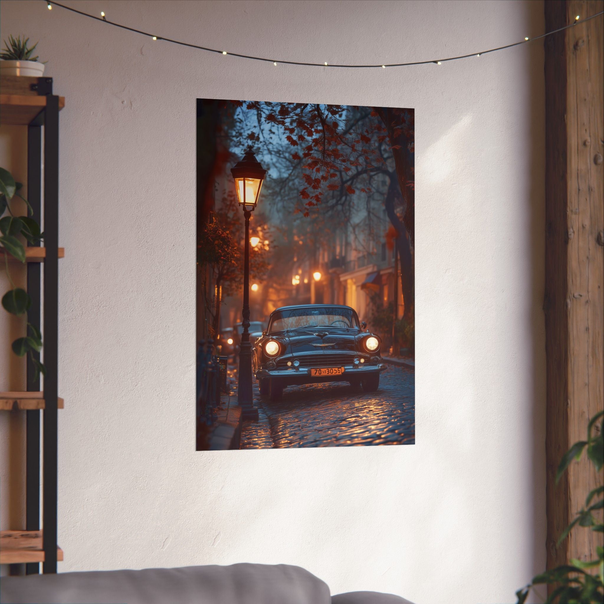 Vintage car parked on cobblestone street under autumn lanterns | Retro vibes classic car photo