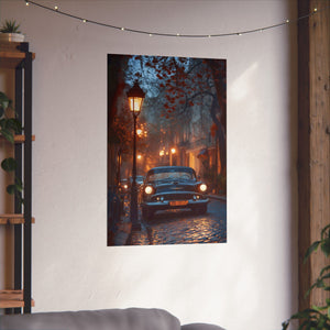 Vintage car parked on cobblestone street under autumn lanterns | Retro vibes classic car photo