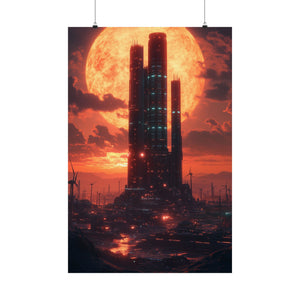 Futuristic city with towering skyscrapers against a massive glowing sun at dusk. Premium matte poster printed on museum-grade archival paper, perfect for sci-fi decor.