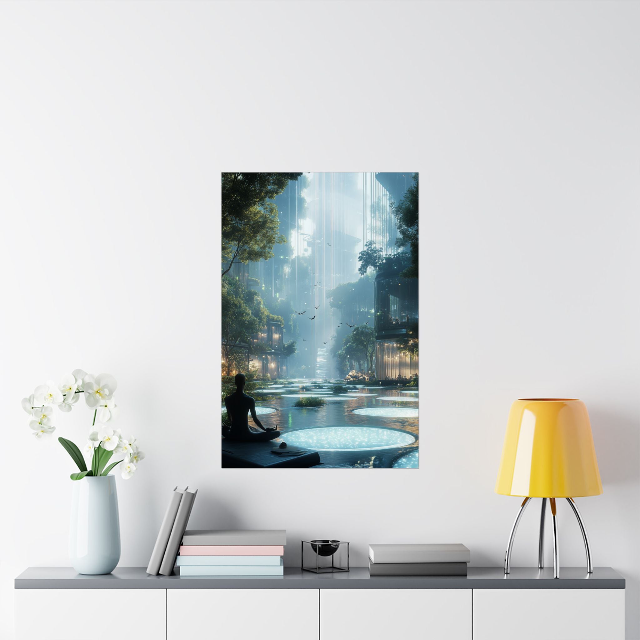 Futuristic serene landscape with a meditating figure, surrounded by lush greenery, floating platforms, and soft glowing light. Premium matte poster printed on museum-grade archival paper, perfect for modern and zen-inspired decor.