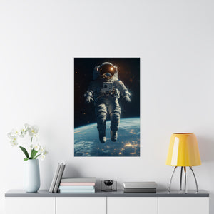 Astronaut floating in space above Earth, with stunning city lights visible below. Premium matte vertical poster featuring a cosmic scene, printed on museum-grade archival paper.