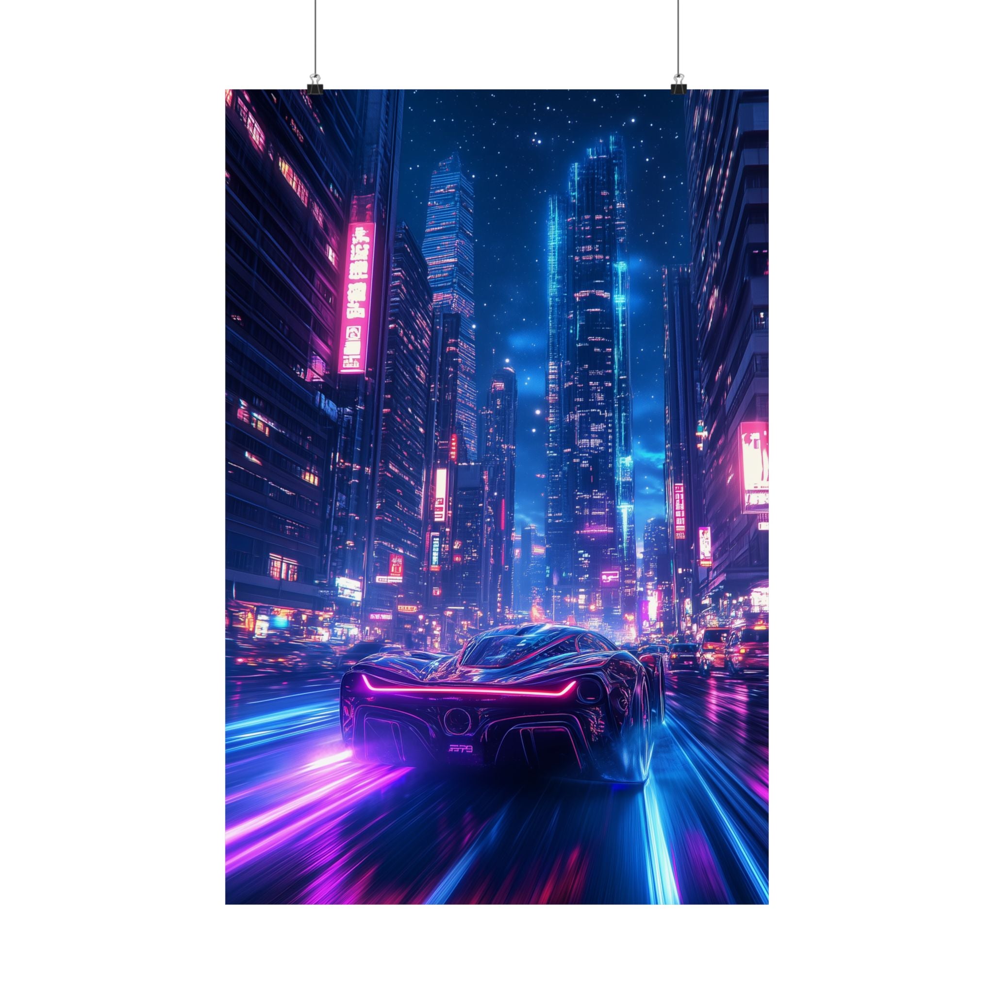 Futuristic sports car speeding through neon city at night, premium matte poster for high-quality digital download or wall décor.