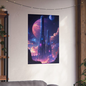 Futuristic cosmic city illuminated by colorful nebulae and towering skyscrapers under a giant glowing planet. Premium matte poster printed on museum-grade archival paper