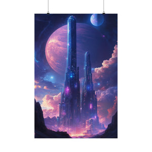 Futuristic cosmic city illuminated by colorful nebulae and towering skyscrapers under a giant glowing planet. Premium matte poster printed on museum-grade archival paper