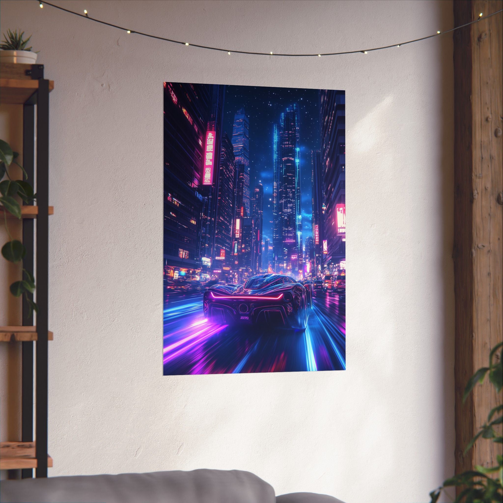 Futuristic sports car speeding through neon city at night, premium matte poster for high-quality digital download or wall décor.