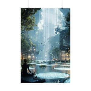 Futuristic serene landscape with a meditating figure, surrounded by lush greenery, floating platforms, and soft glowing light. Premium matte poster printed on museum-grade archival paper, perfect for modern and zen-inspired decor.