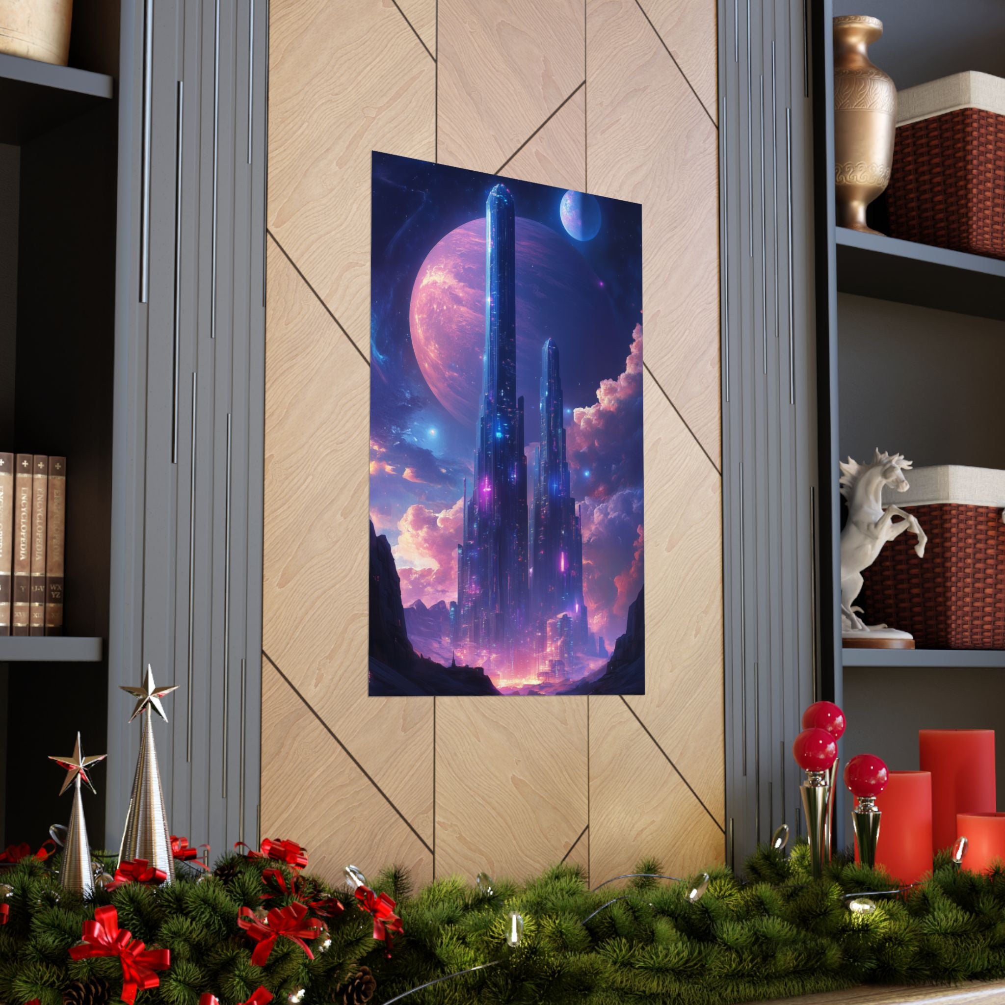 Futuristic cosmic city illuminated by colorful nebulae and towering skyscrapers under a giant glowing planet. Premium matte poster printed on museum-grade archival paper