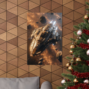 Futuristic starship navigating through an asteroid field with glowing celestial nebula in the background. Premium matte vertical poster printed on museum-grade archival paper.