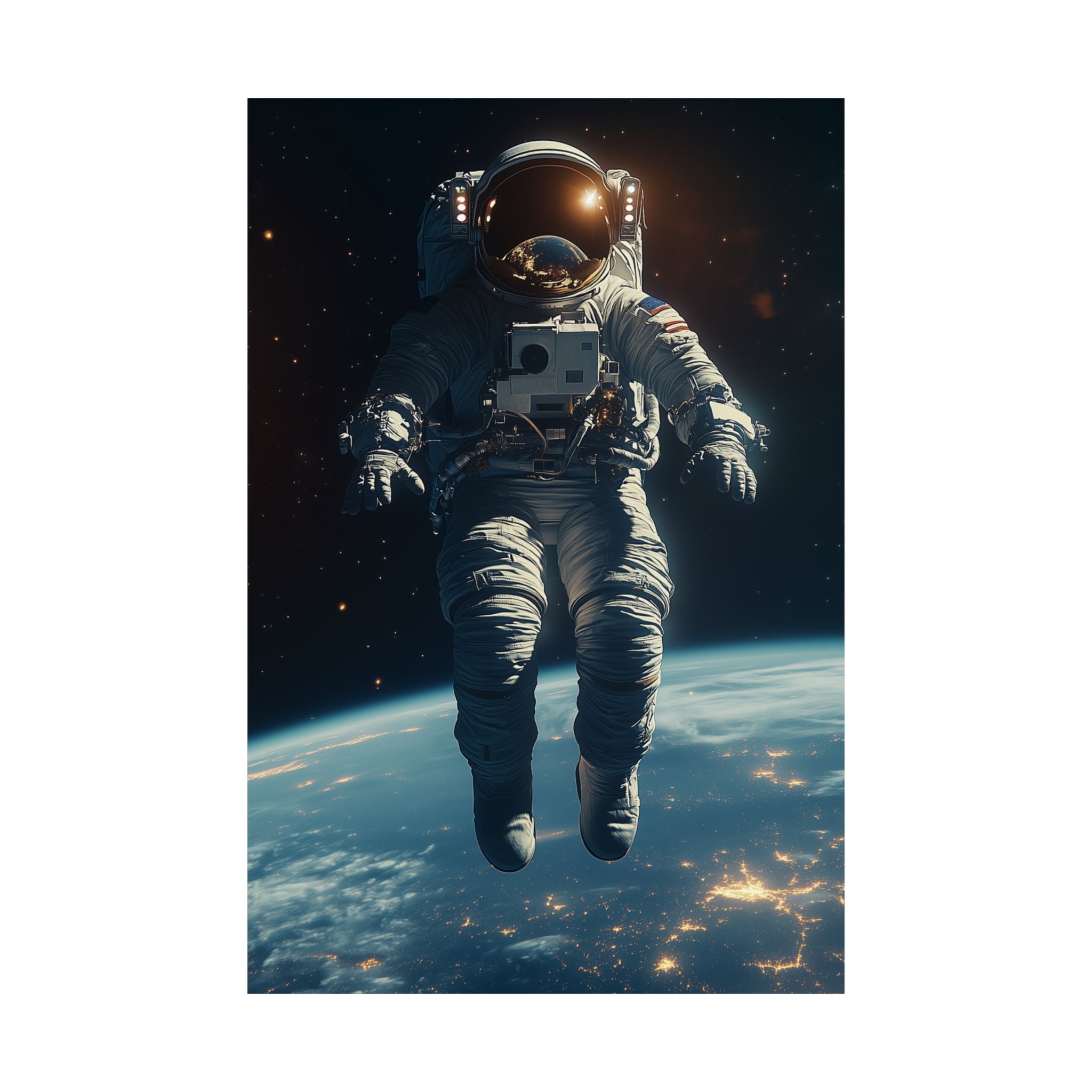 Astronaut floating in space above Earth, with stunning city lights visible below. Premium matte vertical poster featuring a cosmic scene, printed on museum-grade archival paper.