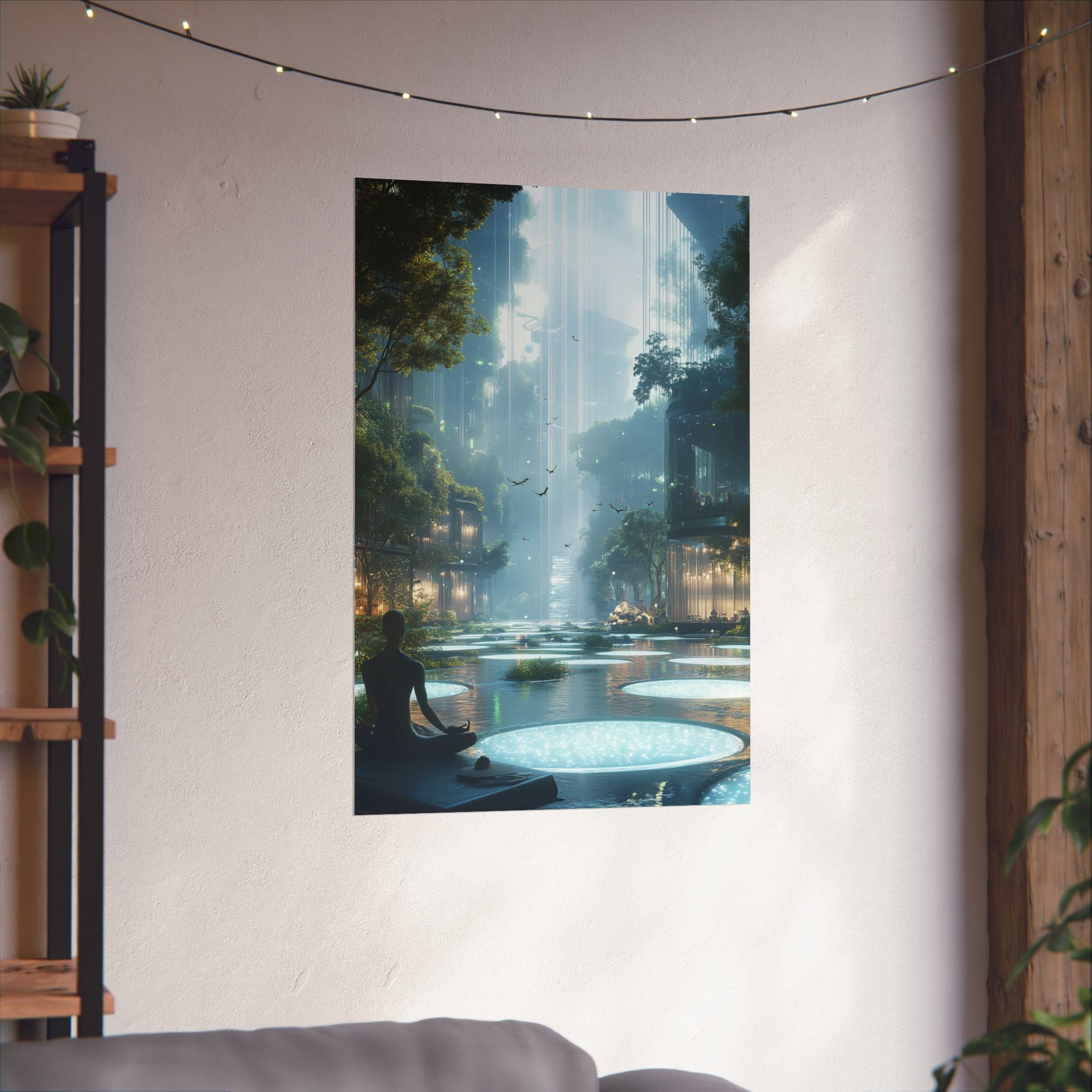 Futuristic serene landscape with a meditating figure, surrounded by lush greenery, floating platforms, and soft glowing light. Premium matte poster printed on museum-grade archival paper, perfect for modern and zen-inspired decor.