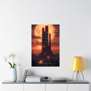 Futuristic city with towering skyscrapers against a massive glowing sun at dusk. Premium matte poster printed on museum-grade archival paper, perfect for sci-fi decor.