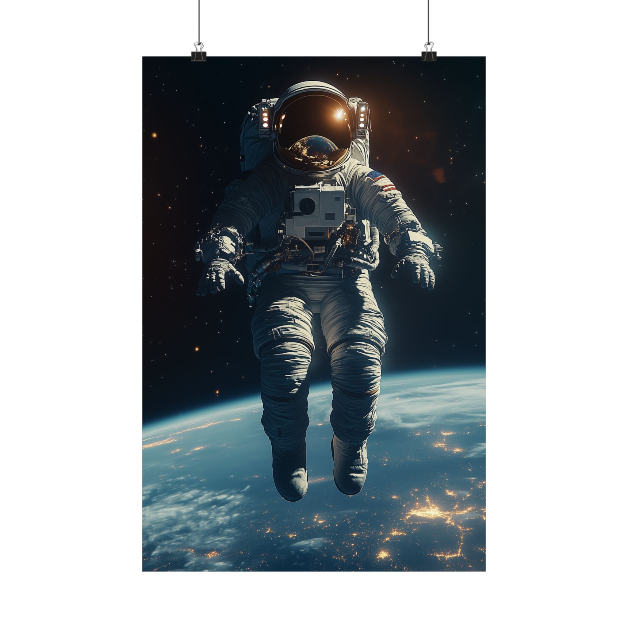 Astronaut floating in space above Earth, with stunning city lights visible below. Premium matte vertical poster featuring a cosmic scene, printed on museum-grade archival paper.