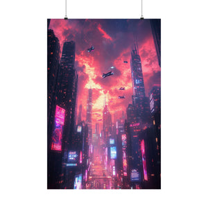 Futuristic neon cityscape with flying vehicles against a glowing red and purple sunset sky. Premium matte poster printed on museum-grade archival paper, perfect for sci-fi and cyberpunk decor.