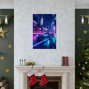 High-speed futuristic sports car racing through a neon-lit cyberpunk city at night. Premium matte poster for modern and sci-fi decor."