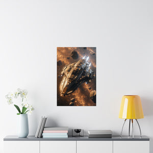 Futuristic starship navigating through an asteroid field with glowing celestial nebula in the background. Premium matte vertical poster printed on museum-grade archival paper.