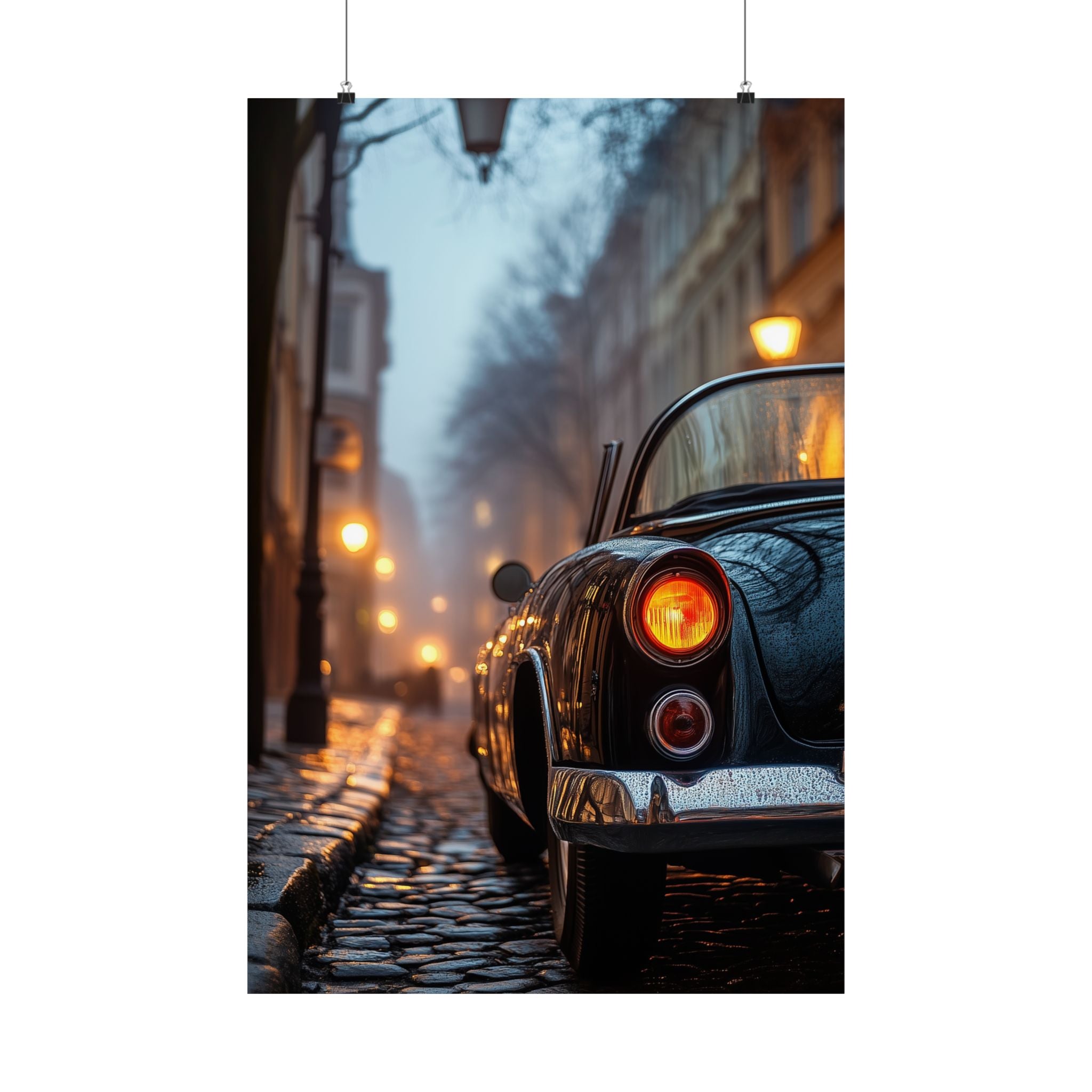 Classic convertible car on a rainy cobblestone street at dusk with vintage street lamps illuminating the scene